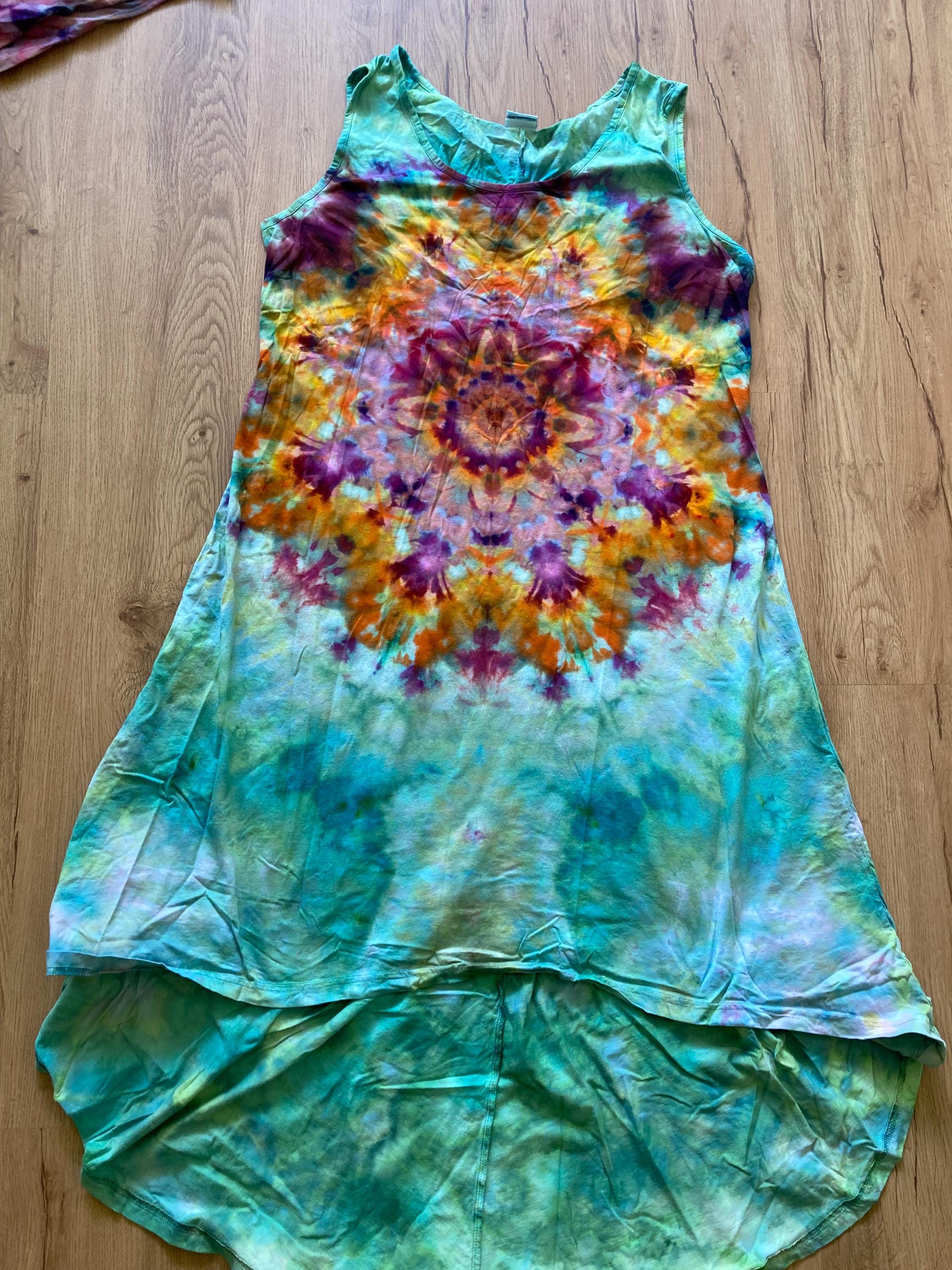 Size Large Dress | Psychedelic Hippie Dress | High Low Tie Dye Dress | Mandala Flower Tank Dress | Festival Apparel | Galaxy Ice Dye Dress